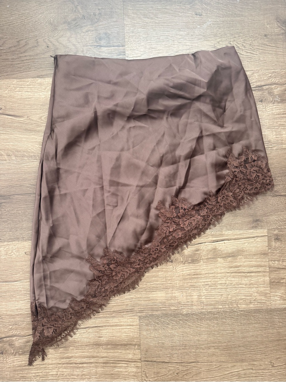 Brown Satin Lace Asymmetrical Midi Skirt